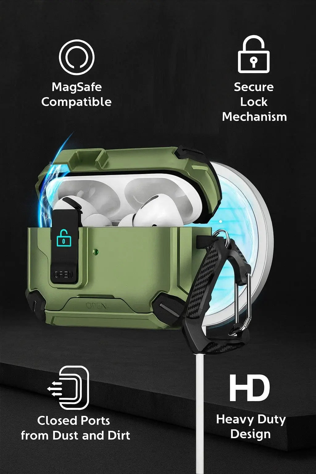 Olive green, heavy-duty AirPods Pro case with secure lock, MagSafe compatibility, and a black carabiner.