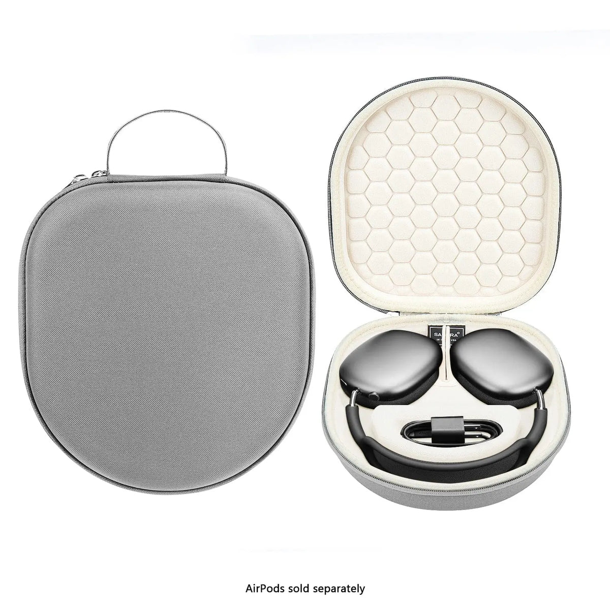 Grey hard-shell travel case for AirPods Max, shown closed with handle and open with interior storage compartments.