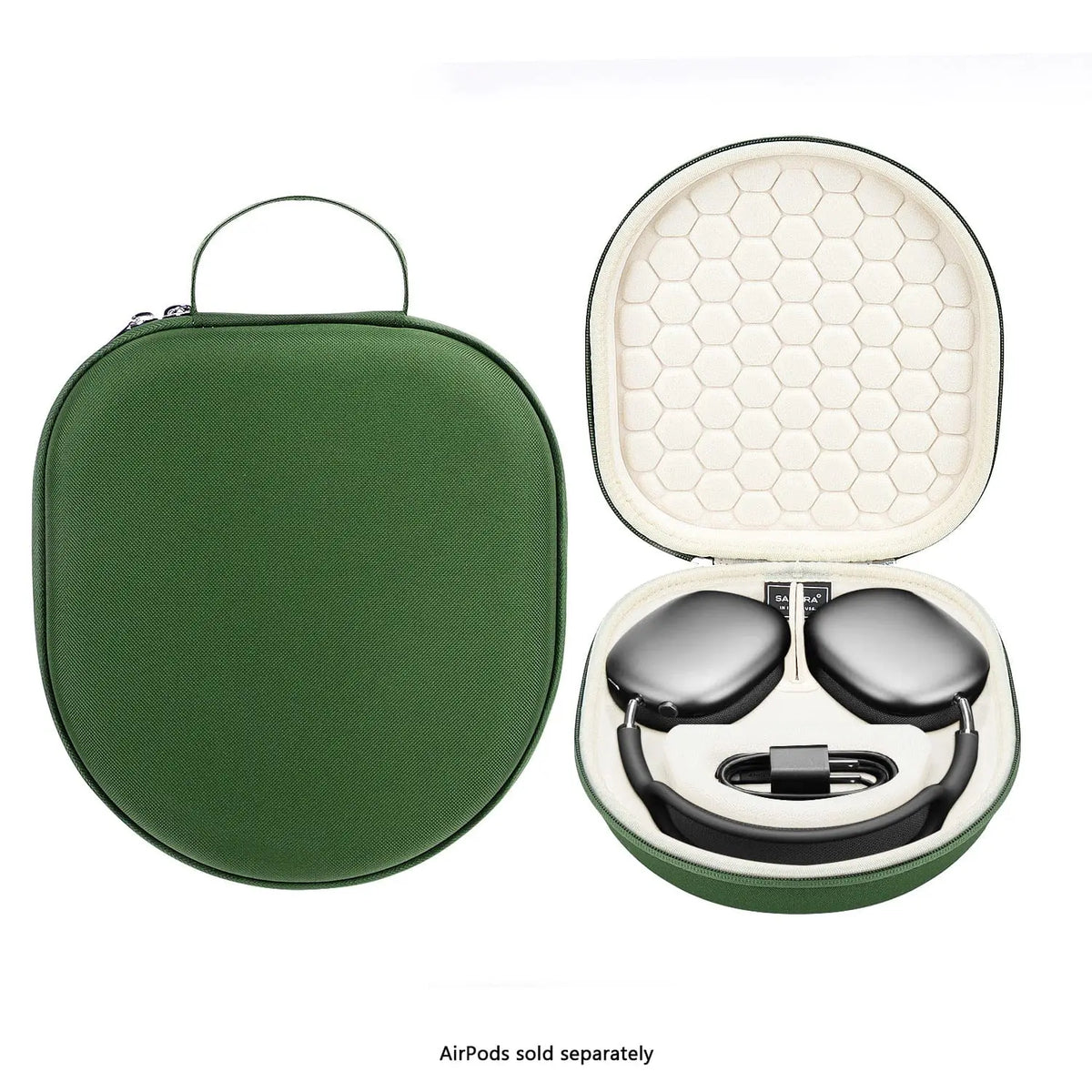 Forest green hard-shell travel case for AirPods Max, featuring a beige honeycomb interior and carrying handle.