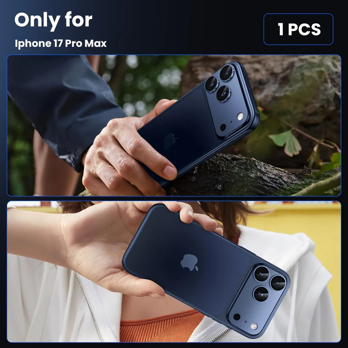 Blue titanium camera lens protector for iPhone 17 Pro Max, featuring a sleek, integrated design on a dark blue phone.