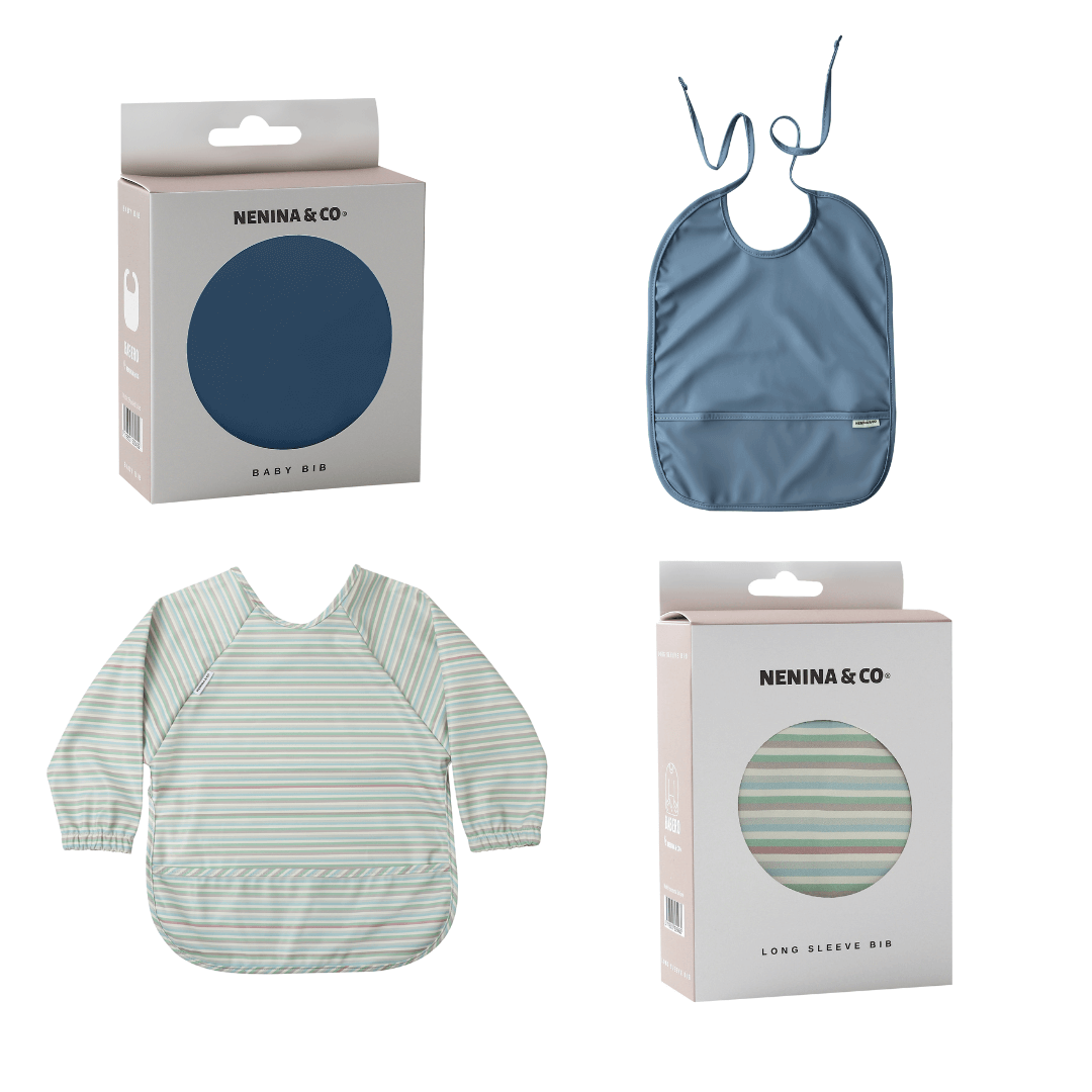 Babero con manga impermeable   Horizontal Stripes + Babero corto Nenina & Co