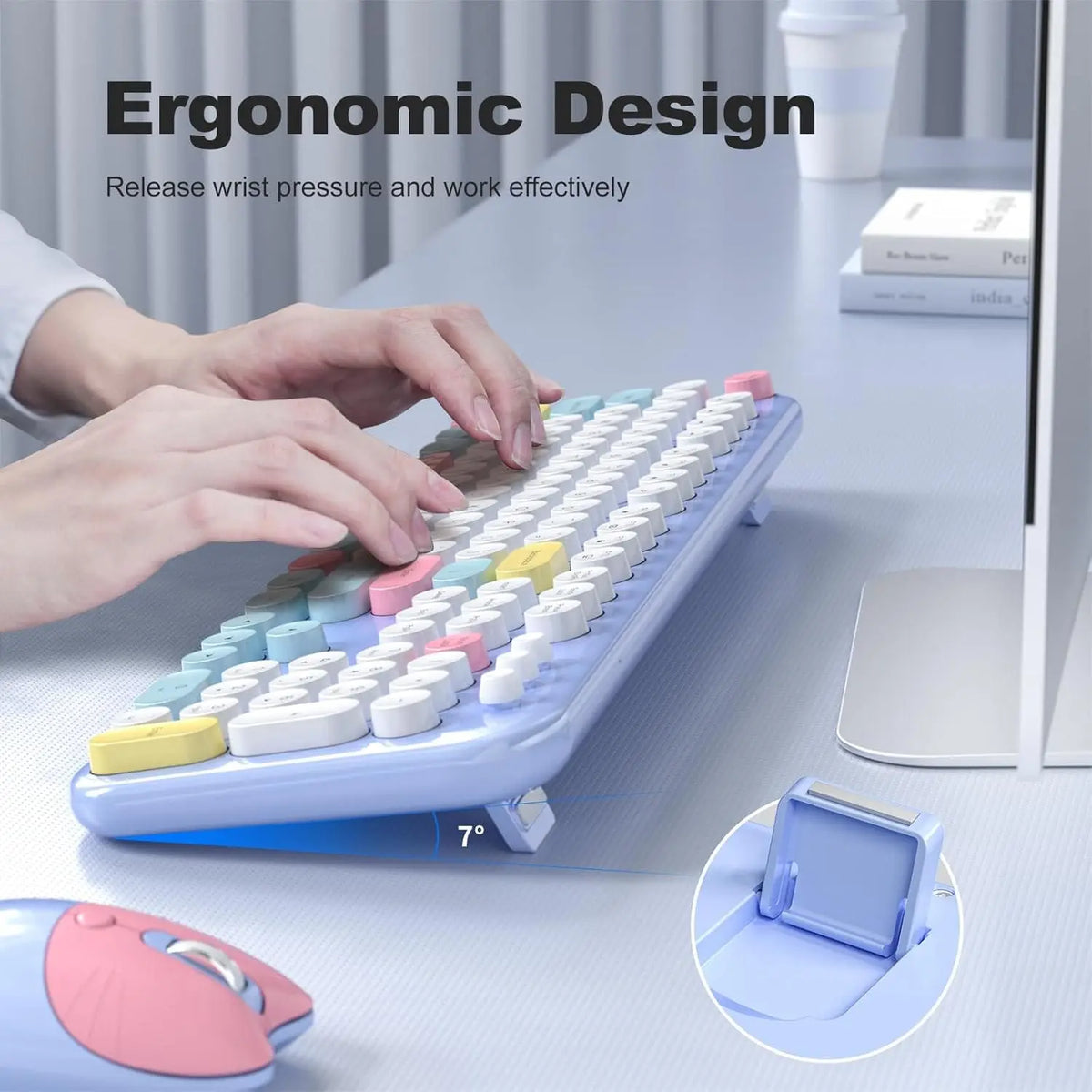 Ergonomic wireless keyboard with colorful, round keys and 7-degree tilt, plus a matching pink and blue wireless mouse.