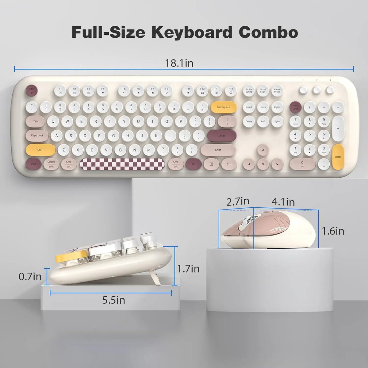 Full-size wireless keyboard and mouse combo with round, pastel-colored keys and a checkered spacebar. Includes dimensions.