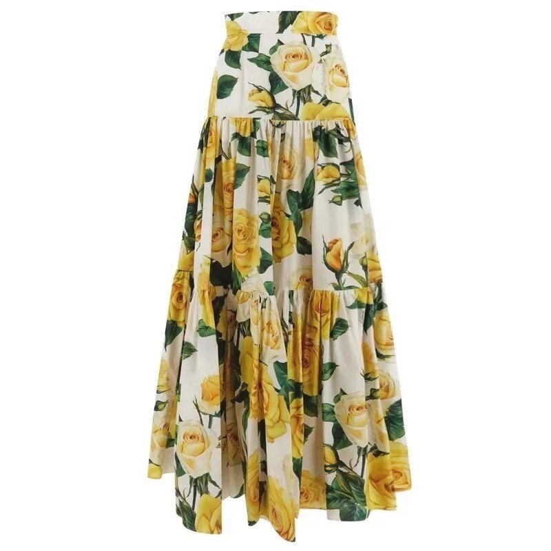 Floral maxi skirt with yellow roses, tiered design, and white background, perfect for summer outings and casual events.