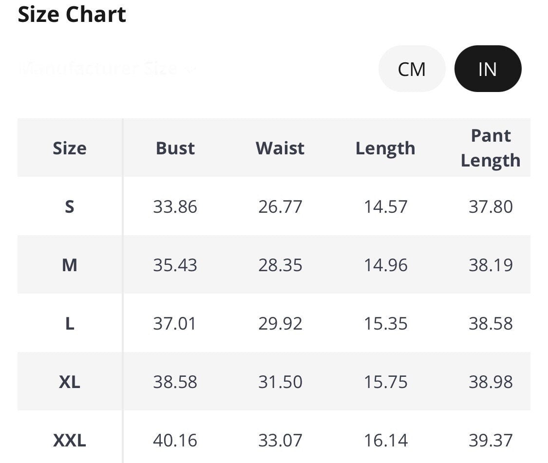 Size chart for women's clothing showing bust, waist, length, and pant length in cm and inches.