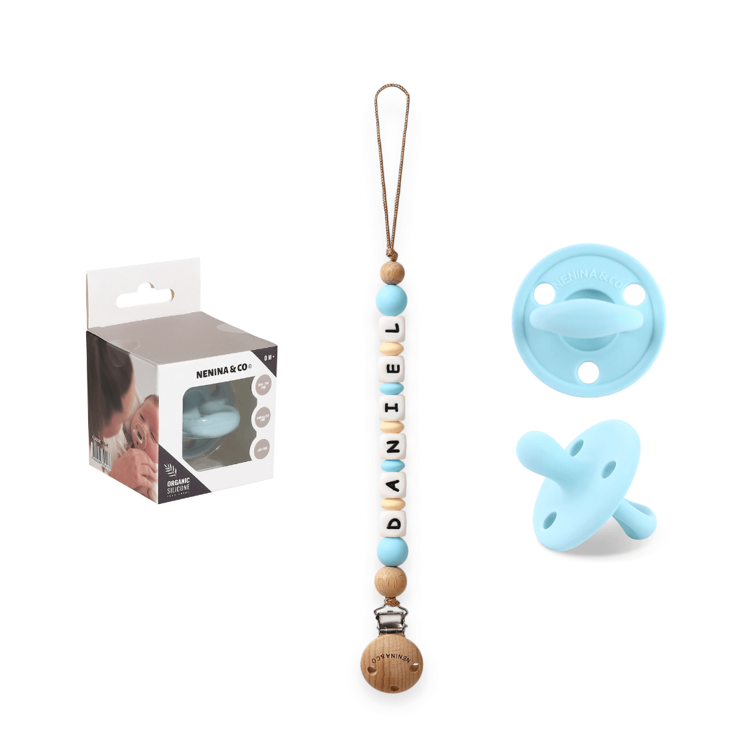 Kit Chupete Clásico Celeste  de Silicona + Chupetero con Nombre | Nenina & Co.