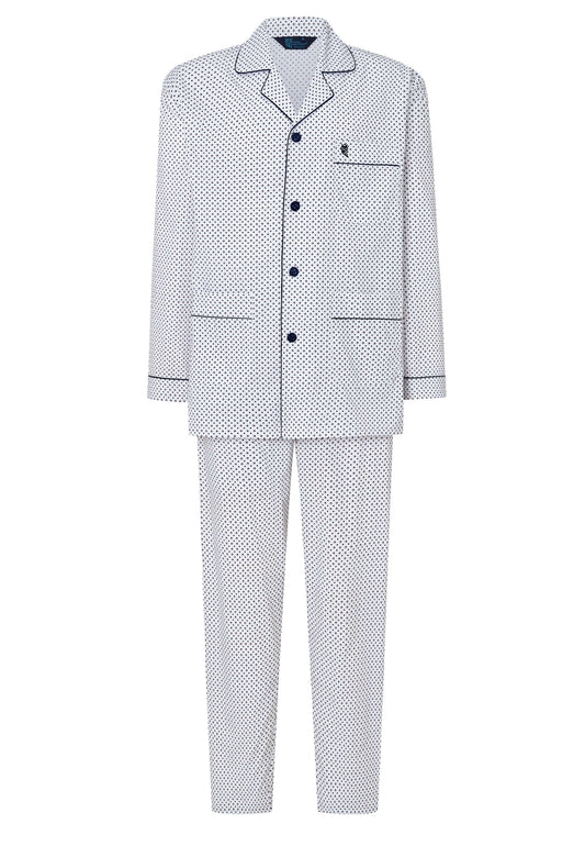 Pijama Hombre Largo Solapa Popelín Estampado - Blanco 1401_01