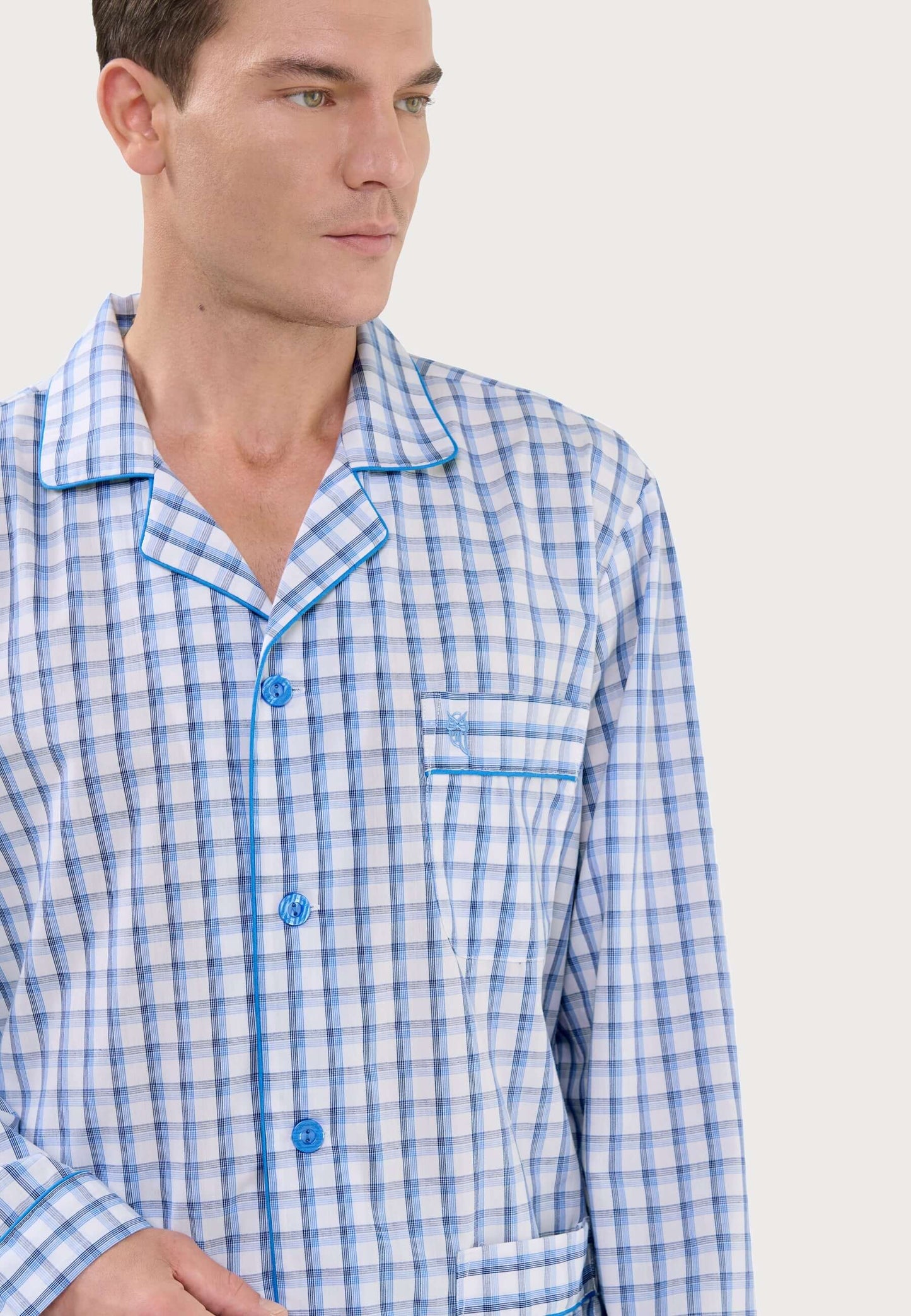 Pijama Hombre Largo Solapa Popelín Cuadros - Azul 1403_30