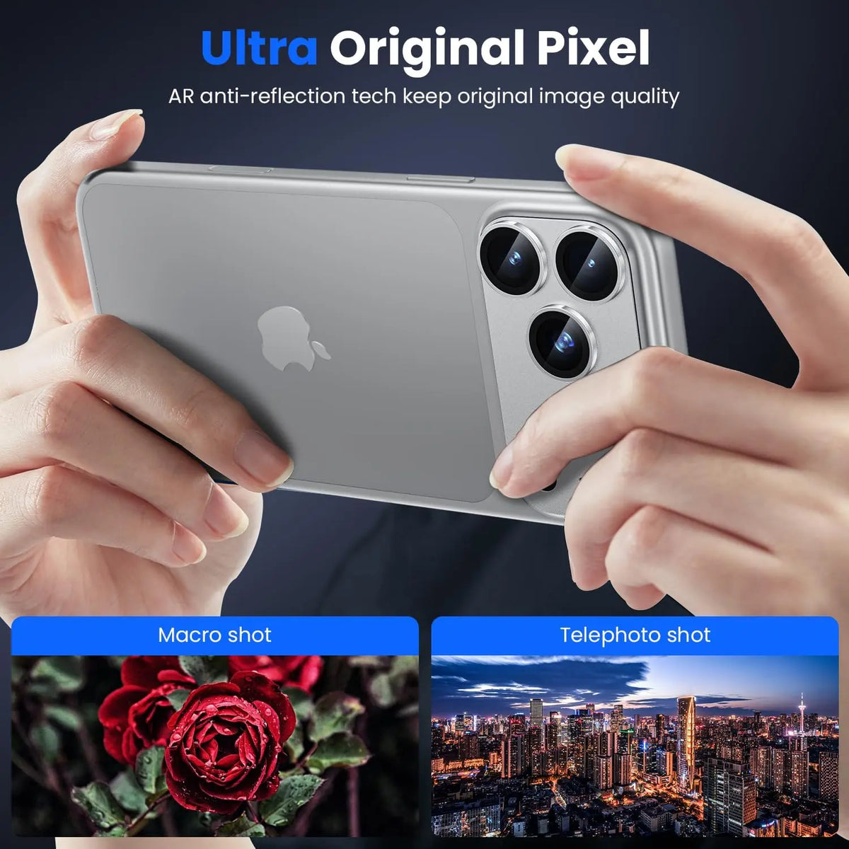Titanium-framed camera lens protectors on a silver iPhone, showing clear macro and telephoto sample photos.
