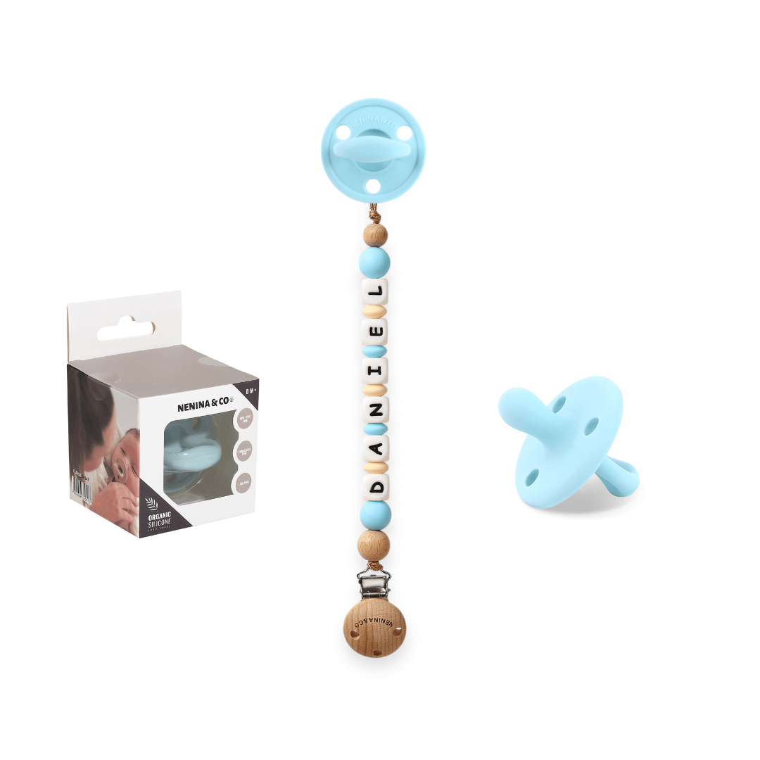 Kit Chupete Clásico Celeste  de Silicona + Chupetero con Nombre | Nenina & Co.