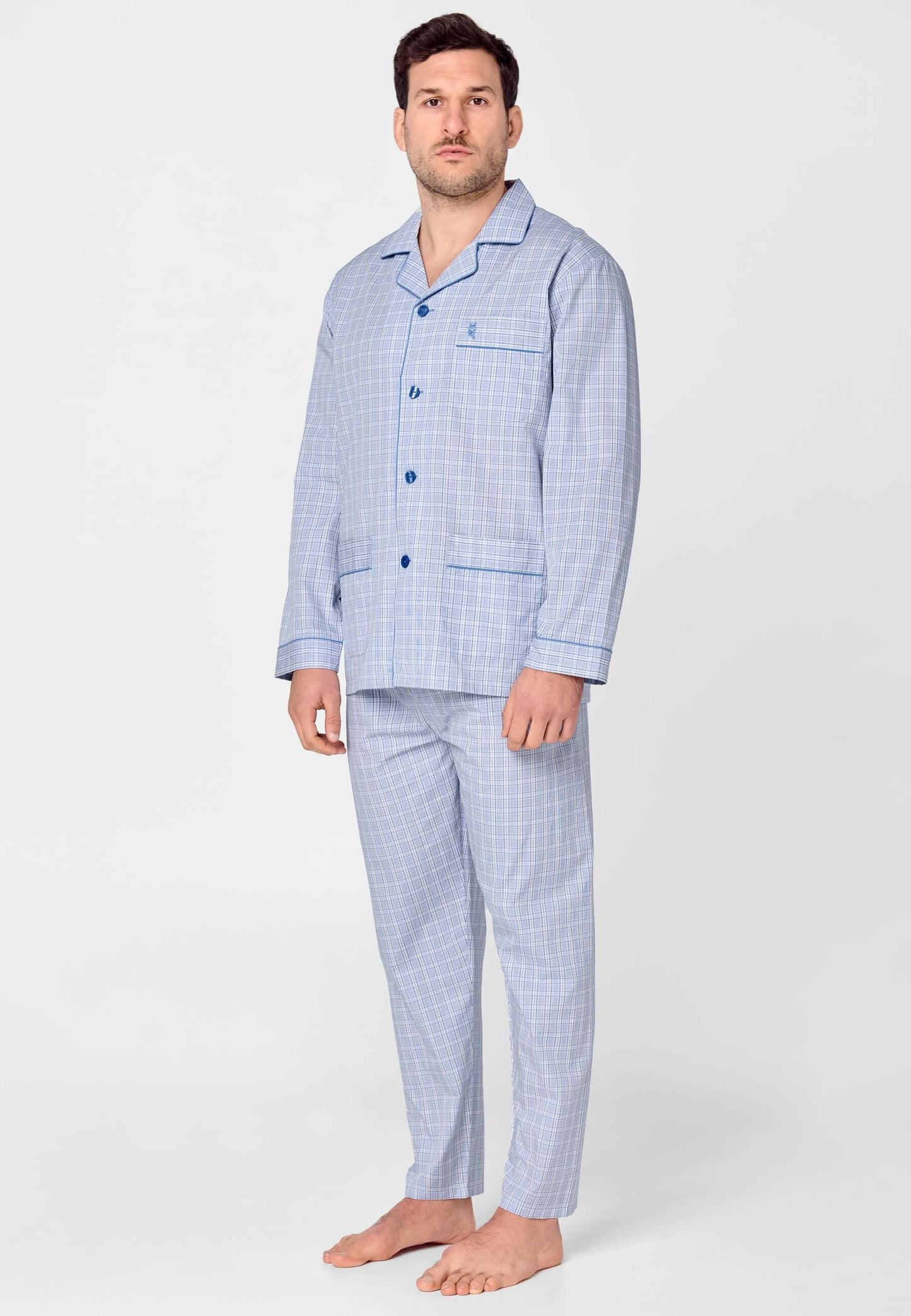 Pijama Hombre Largo Solapa Algodón Popelín Cuadros - Azul 1528_30