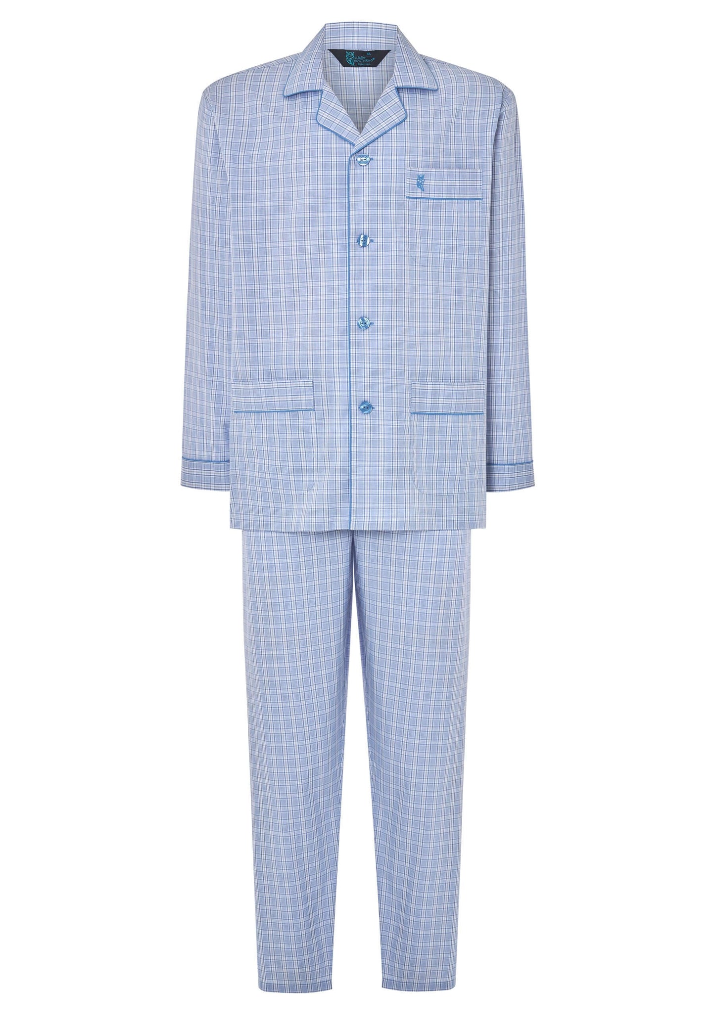 Pijama Hombre Largo Solapa Algodón Popelín Cuadros - Azul 1528_30