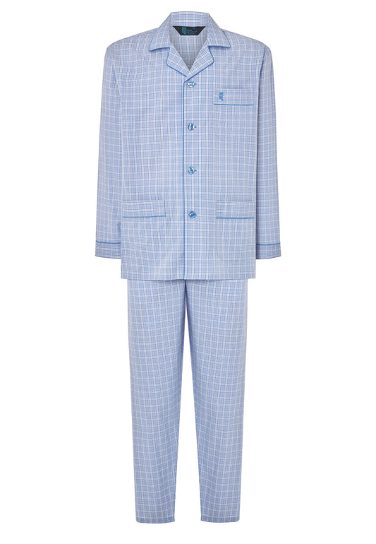 Pijama Hombre Largo Solapa Algodón Popelín Cuadros - Azul 1528_30