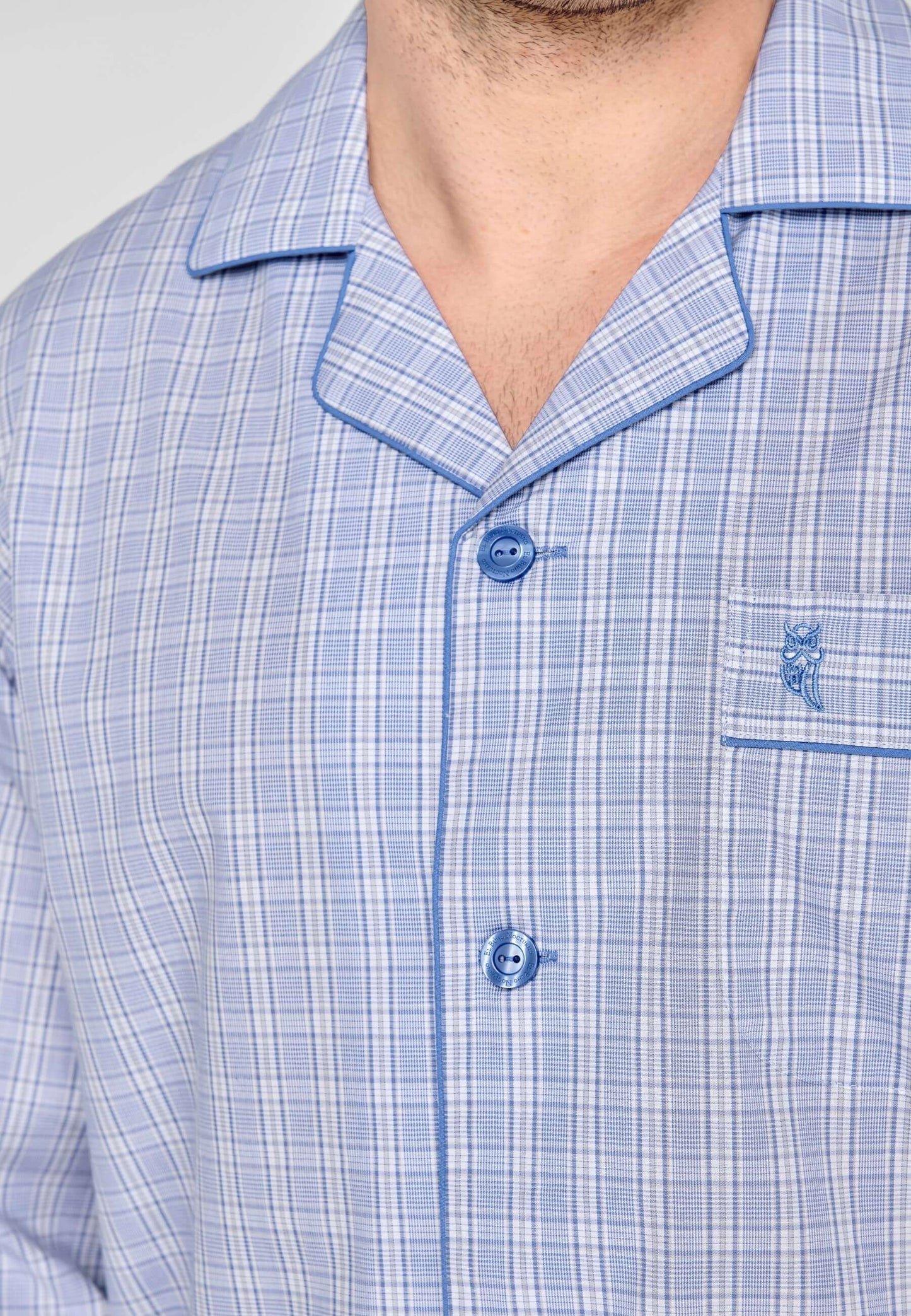 Pijama Hombre Largo Solapa Algodón Popelín Cuadros - Azul 1528_30