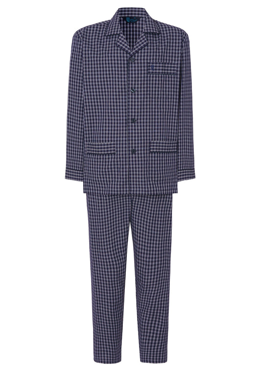 Pijama Hombre Largo Solapa Algodón Popelín Cuadros - Azul 1540_39