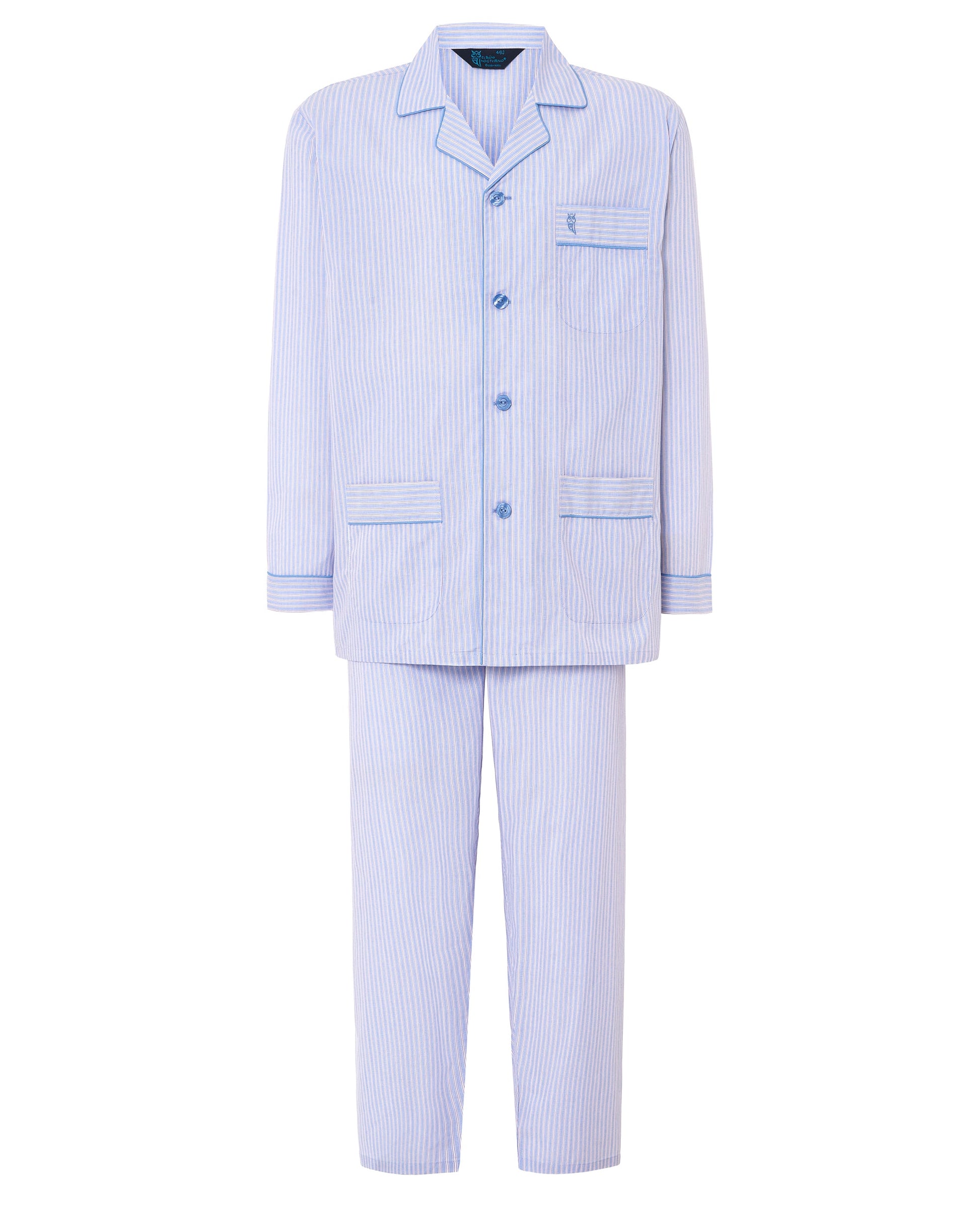 Pijama de rayas azul y blanco, algodón suave, estilo clásico con botones y bolsillo en el pecho.