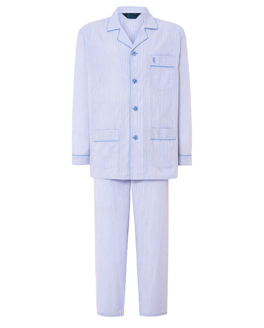 Pijama de rayas azul y blanco, algodón suave, estilo clásico con botones y bolsillo en el pecho.