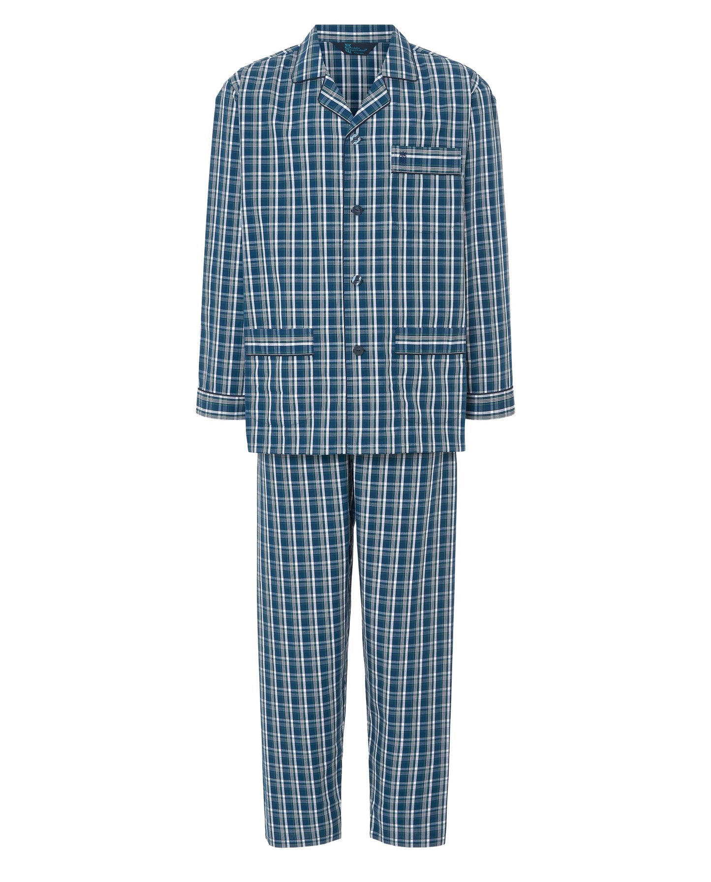 Pijama de cuadros azul y blanco, de algodón, estilo clásico, incluye chaqueta y pantalones largos.