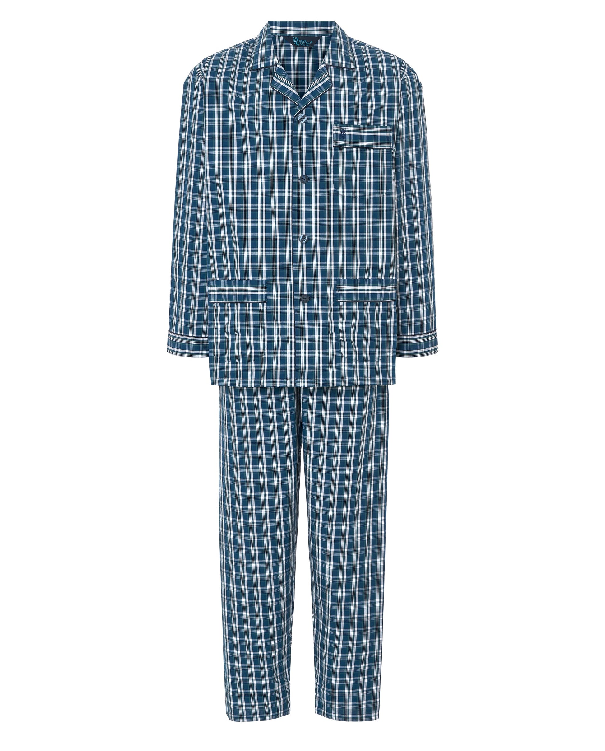 Pijama de cuadros azul y blanco, de algodón, estilo clásico, incluye chaqueta y pantalones largos.