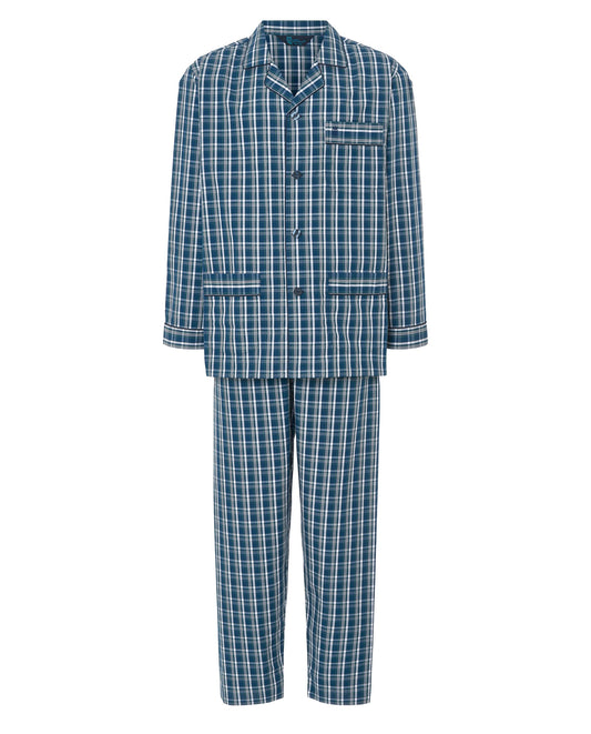 Pijama de cuadros azul y blanco, de algodón, estilo clásico, incluye chaqueta y pantalones largos.
