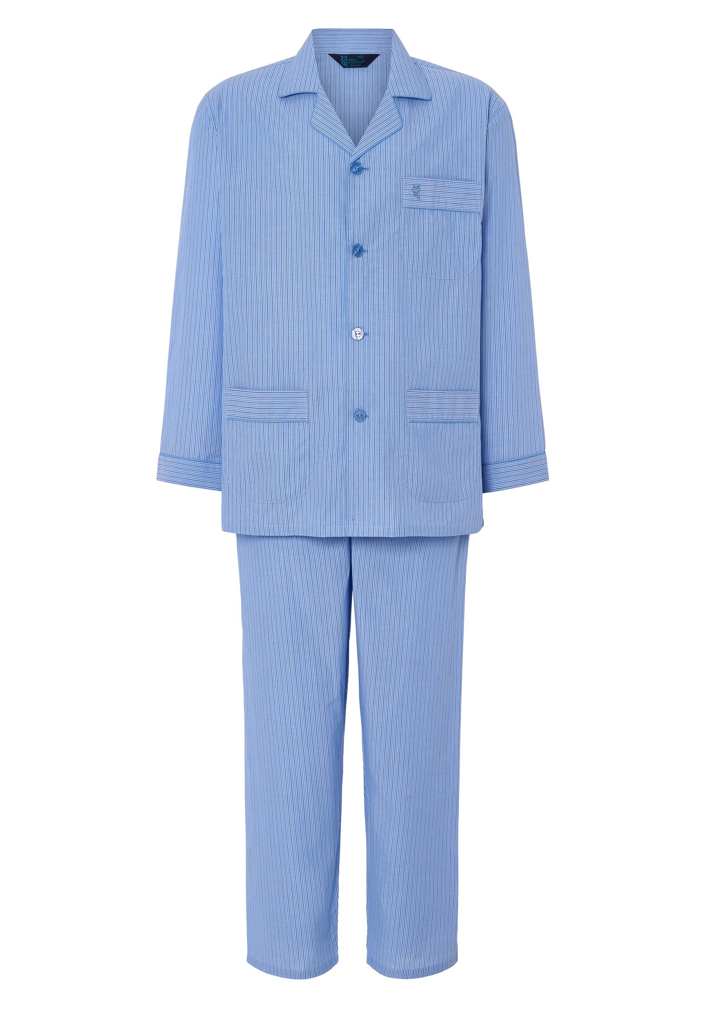 Pijama de rayas azul, algodón ligero, estilo clásico con chaqueta y pantalones. Ideal para confort nocturno.