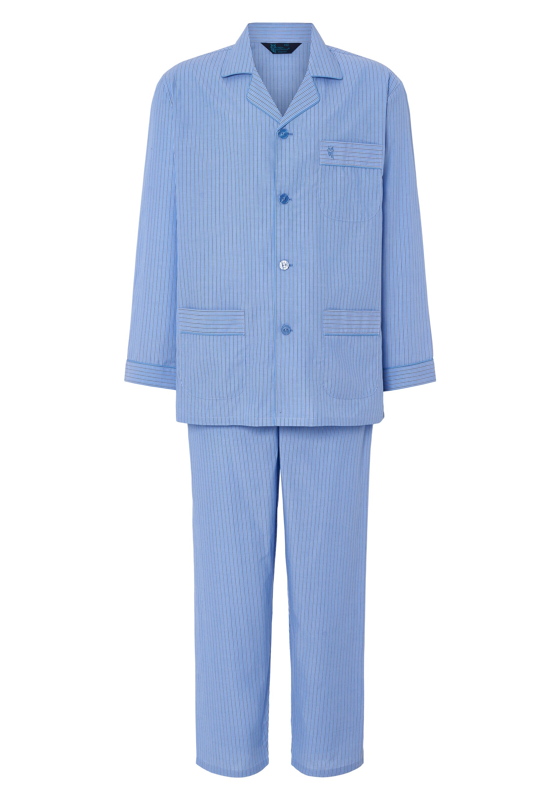 Pijama de rayas azul, algodón ligero, estilo clásico con chaqueta y pantalones. Ideal para confort nocturno.