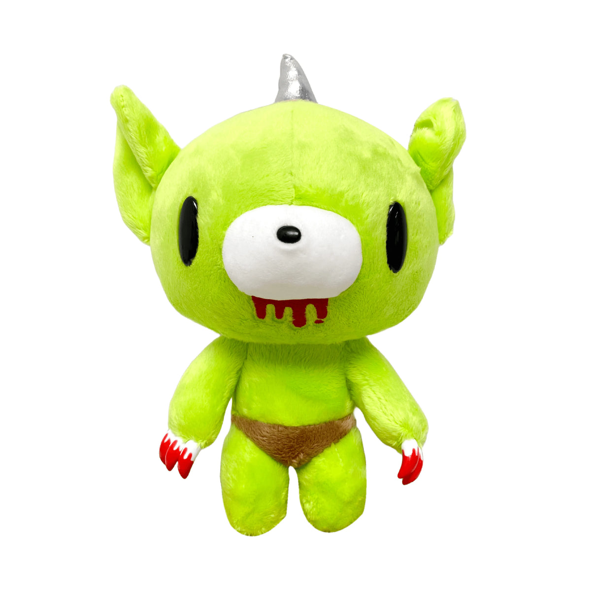 Gloomy Bear goblin plush in soft lime green, featuring a silver horn, blood-stained mouth, claws, and brown loincloth.