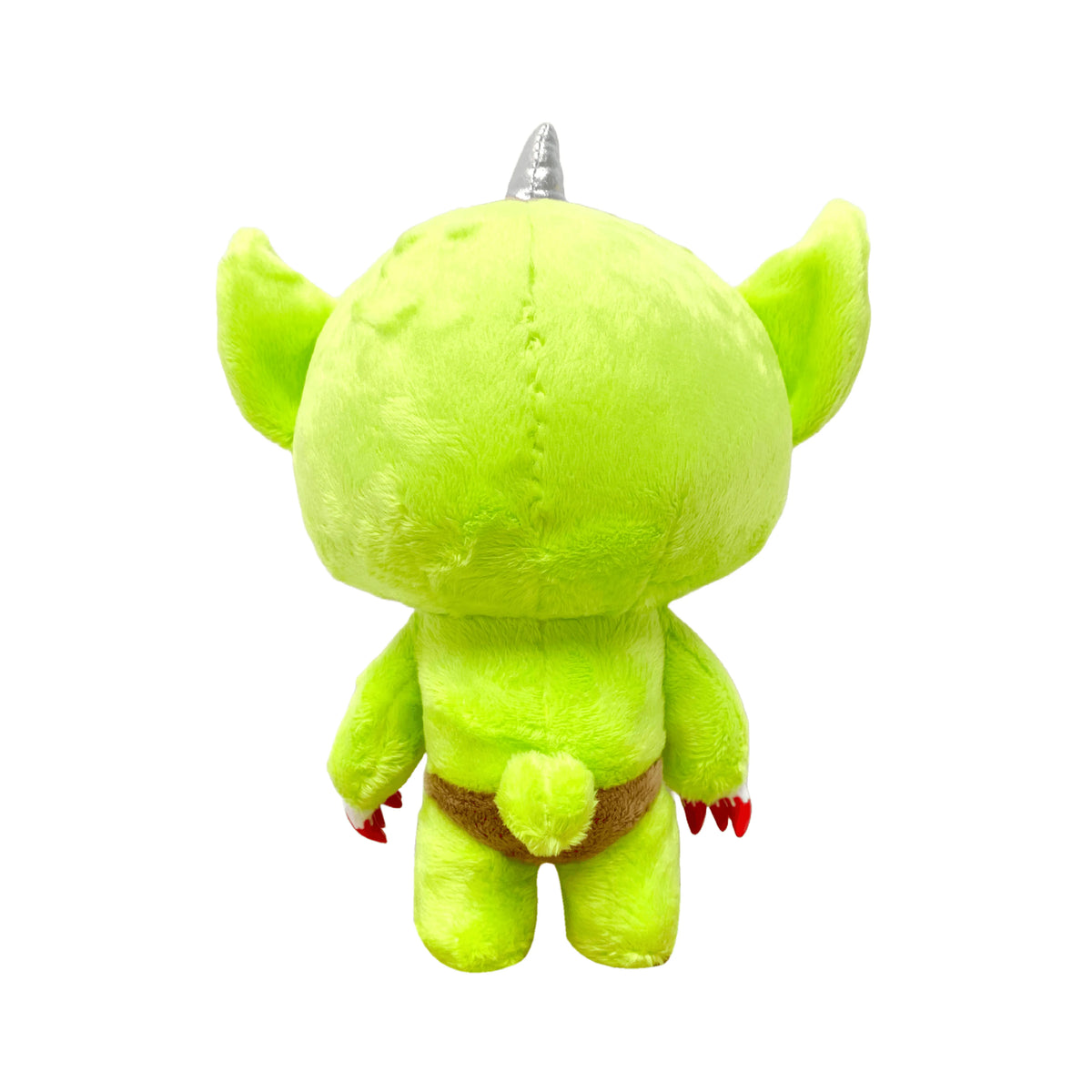 Back view of a lime green plush Gloomy Bear Goblin with large ears, a silver horn, and brown fuzzy shorts.