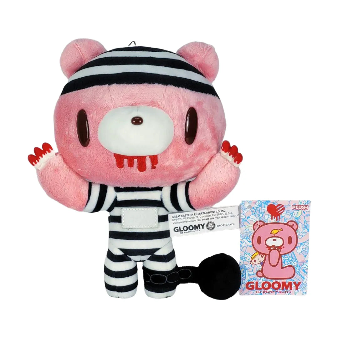 8-inch pink Gloomy Bear plush wearing a black-and-white striped prisoner outfit with a ball and chain on its leg.