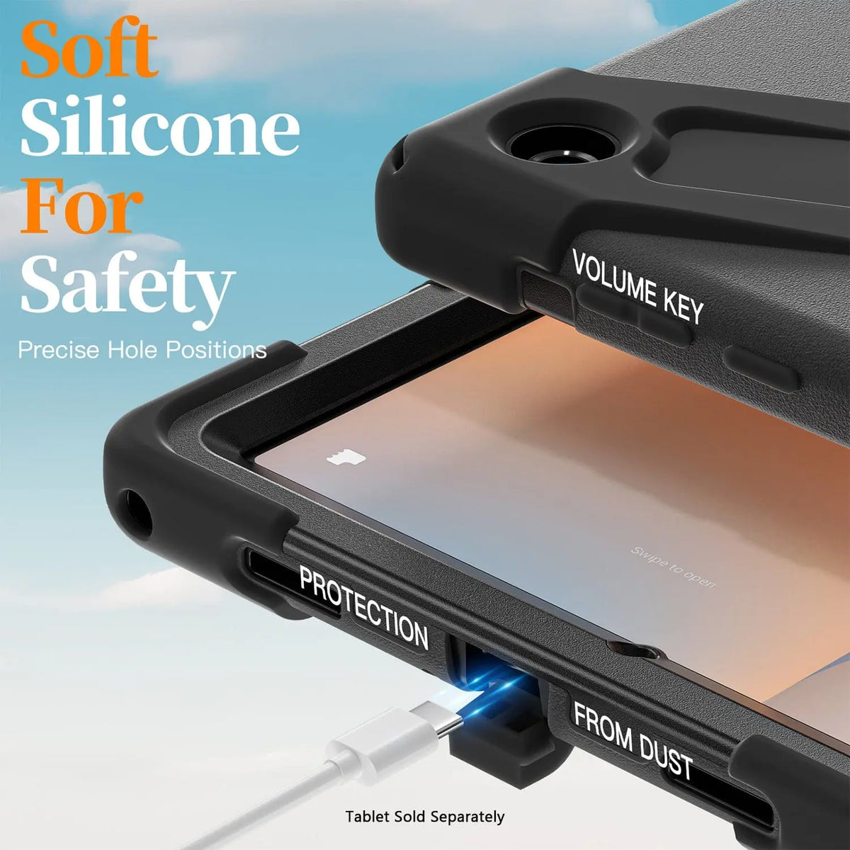 Black heavy-duty silicone tablet case with precise cutouts, dust-protective port cover, and labeled tactile buttons.