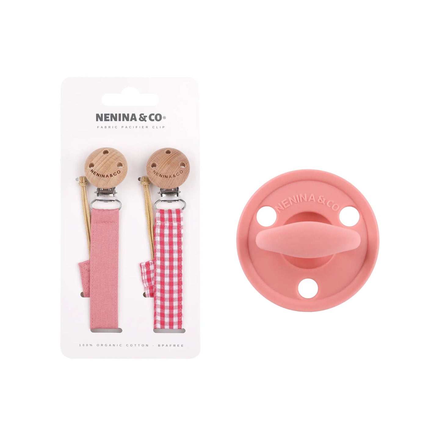 Kit Nenina & Co – Rosa | 2 Chupeteros Algodón Orgánico + 1 Chupete Clásico de Silicona