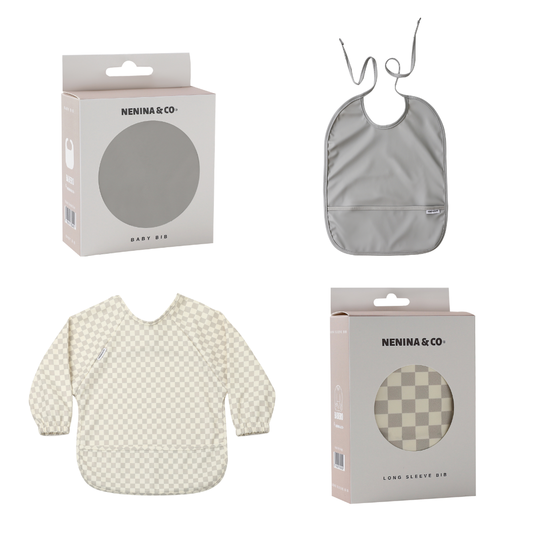 Babero con Manga impermeable Vichy Beige + Babero corto Nenina & Co