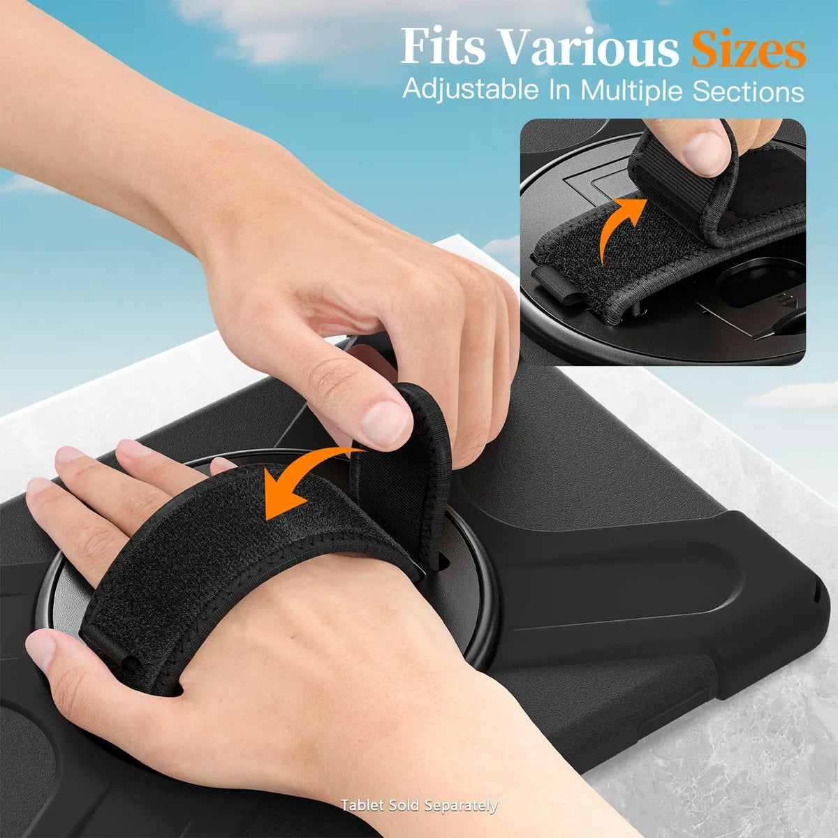 Black heavy-duty tablet case with an adjustable Velcro hand strap for a secure grip, shown on a 11-inch device.