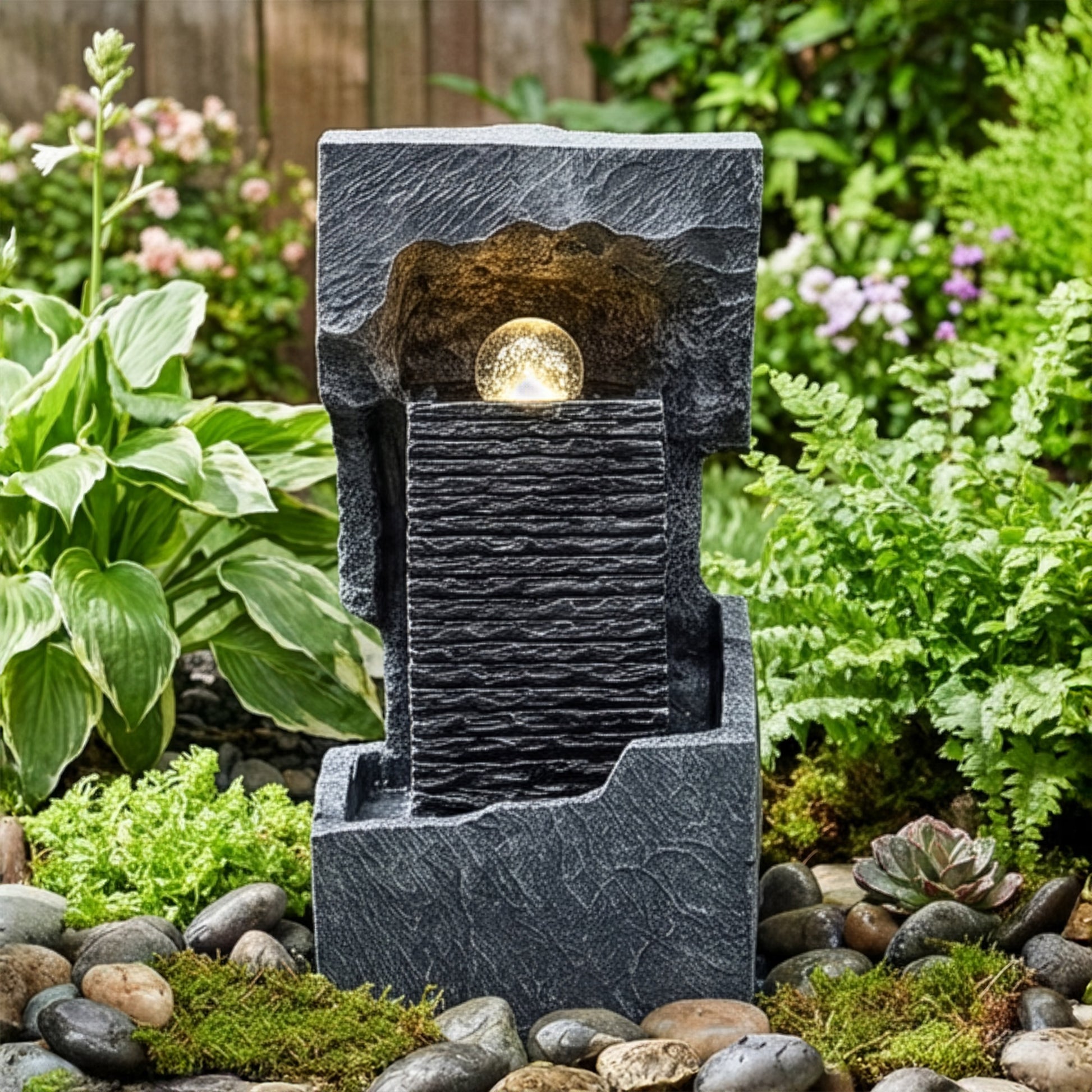 Fuente de jardín de piedra negra con bola luminosa, estilo moderno, ideal para decoración exterior y paisajismo.