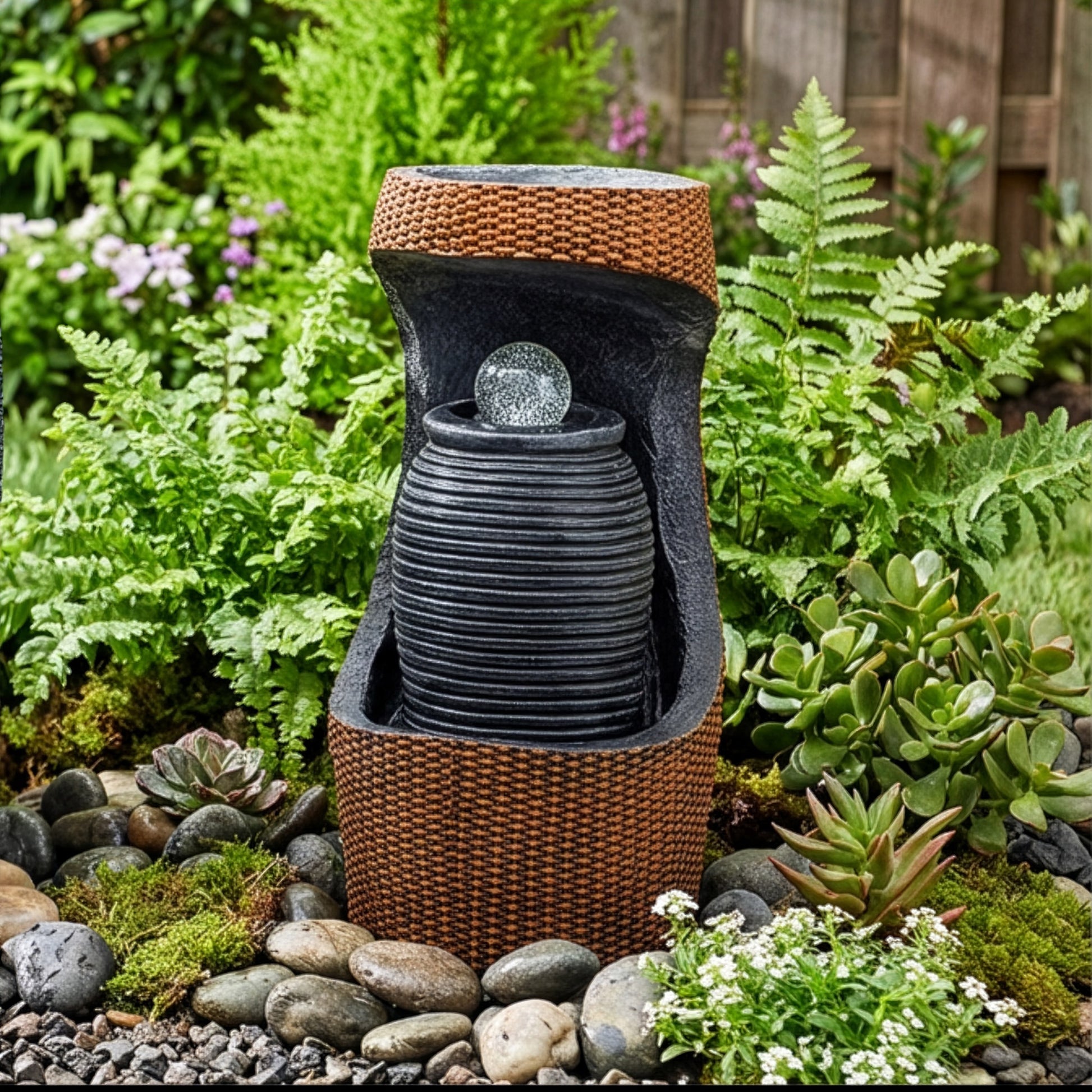 Fuente de jardín moderna en tonos negro y marrón, con diseño de cerámica y piedras decorativas. Ideal para exteriores.