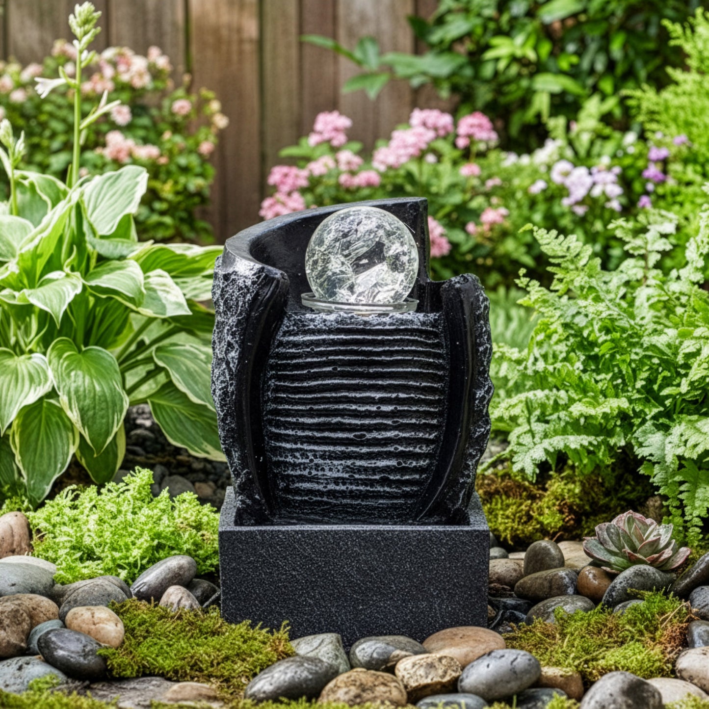 Fuente de jardín negra con bola de cristal, diseño moderno, y acabados en piedra, ideal para decorar espacios exteriores.