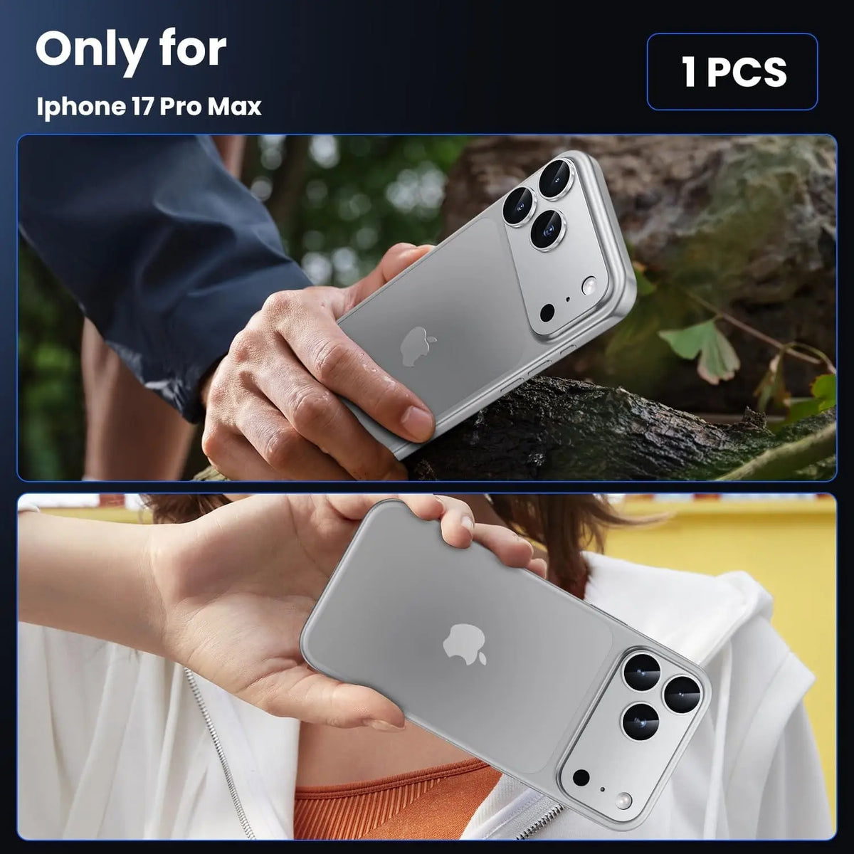 Silver titanium-finish iPhone 17 Pro camera lens protectors installed on an iPhone, showcasing sleek, precise design.