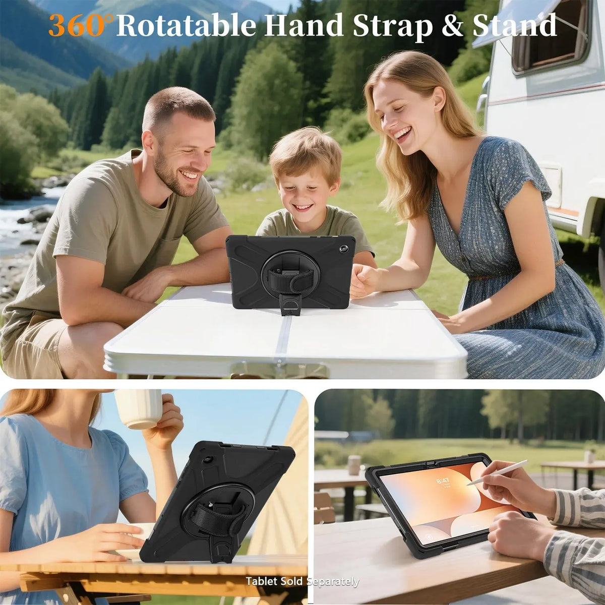 Rugged black tablet case with 360-degree rotating hand strap and integrated kickstand shown in outdoor settings.