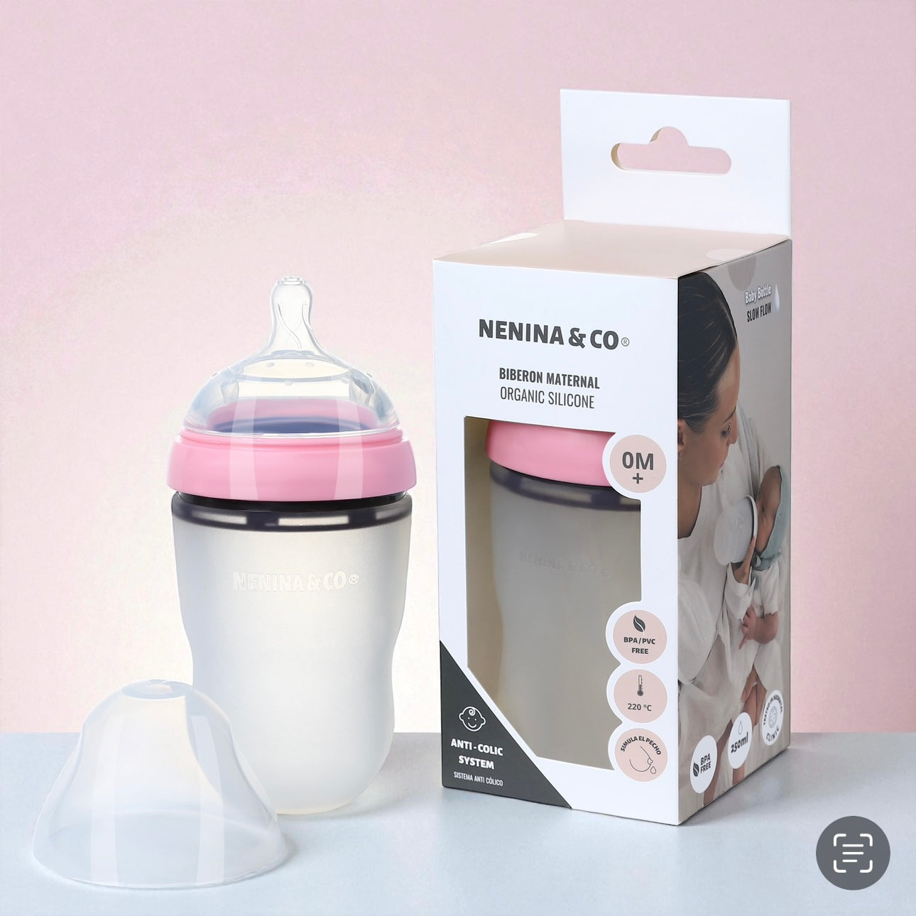 Pack Biberon flujo lento + Chupete Clásico Rosa pálido Nenina & Co