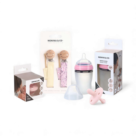 Pack Biberon flujo lento + Chupete Clásico + 2 Chupeteros de algodon orgánico Nenina & Co