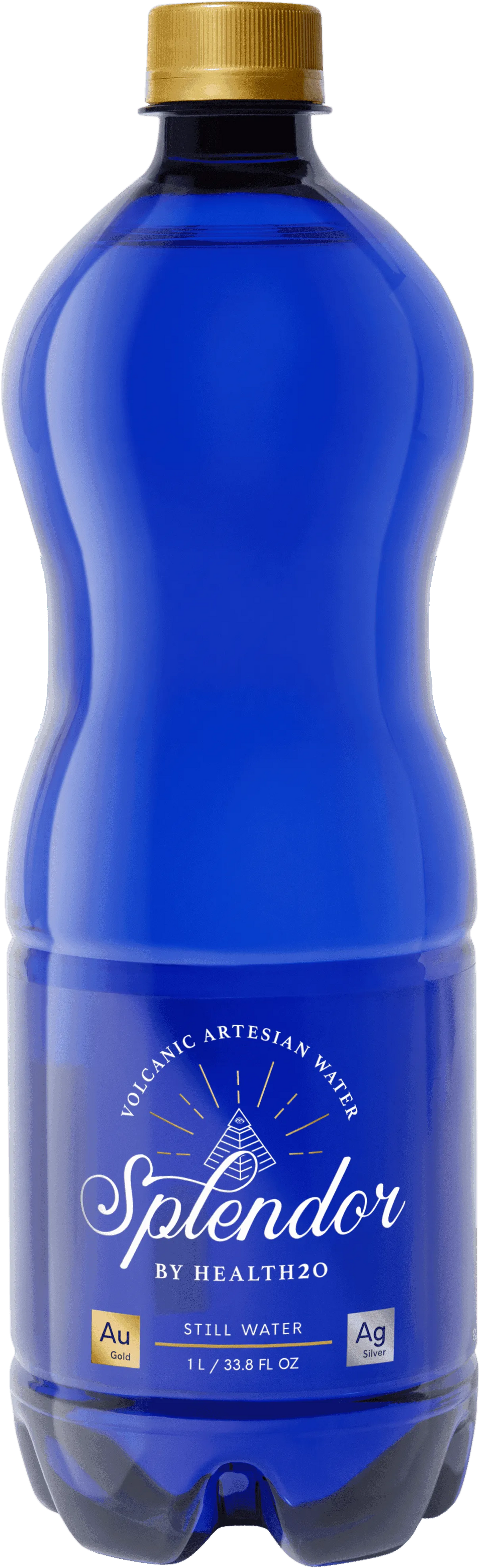 1L cobalt blue plastic bottle of Splendor volcanic artesian water with a gold screw cap against a black background.
