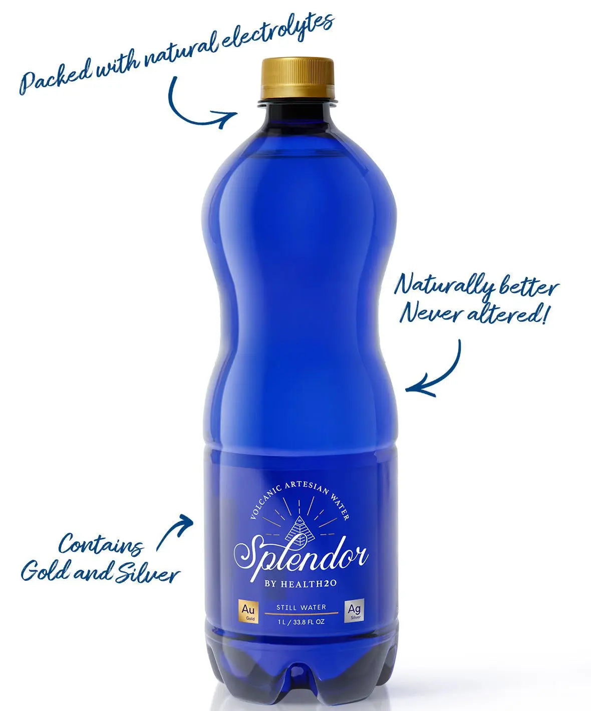 1L blue plastic bottle of Splendor volcanic artesian water with a gold cap and labeling on a white background.