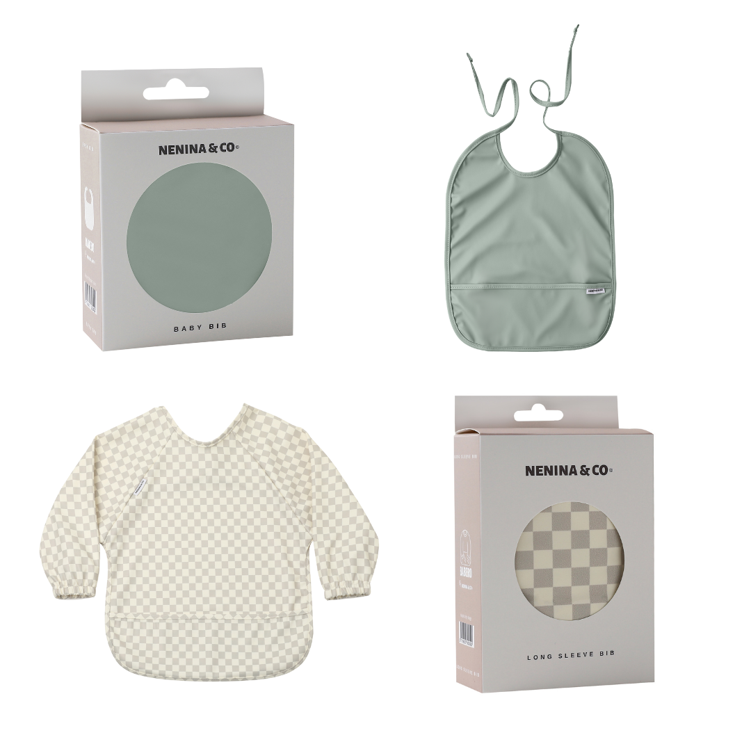 Babero con Manga impermeable Vichy Beige + Babero corto Nenina & Co