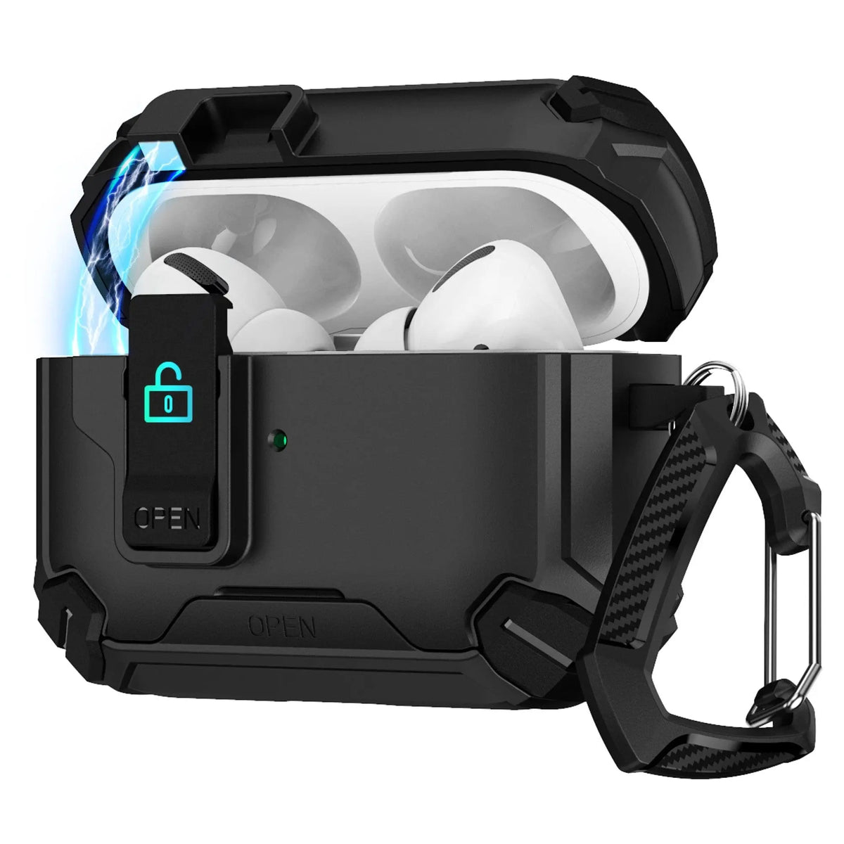 Heavy-duty black matte AirPods Pro 3 case with secure locking latch, glowing lock icon, and carbon fiber-style carabiner.