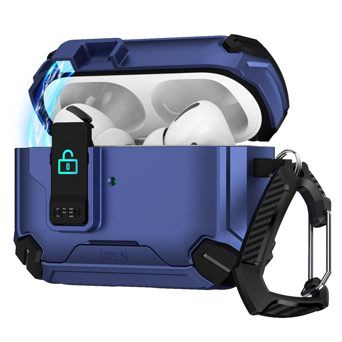Heavy-duty blue protective case for AirPods Pro with secure locking mechanism, carbon fiber texture, and a carabiner.