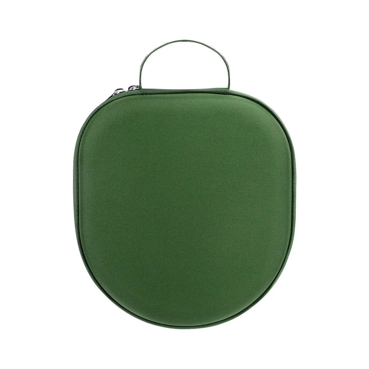 Olive green, hard-shell travel carry case for headphones with a zipper closure and top carrying handle.