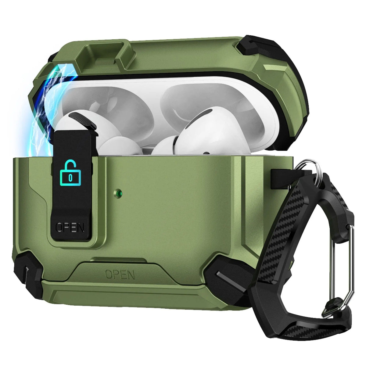 Rugged olive green AirPods Pro case with secure lock, black accents, and a carbon fiber textured carabiner.