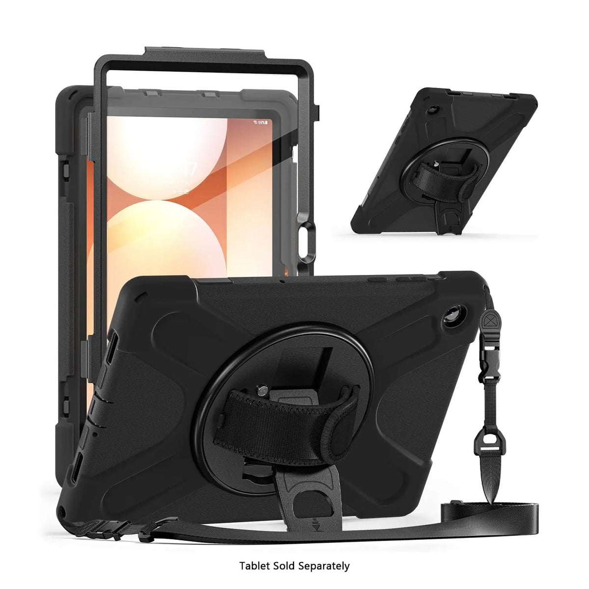 Black, heavy-duty 11-inch tablet case with a rotating hand strap, kickstand, and detachable shoulder carrying strap.