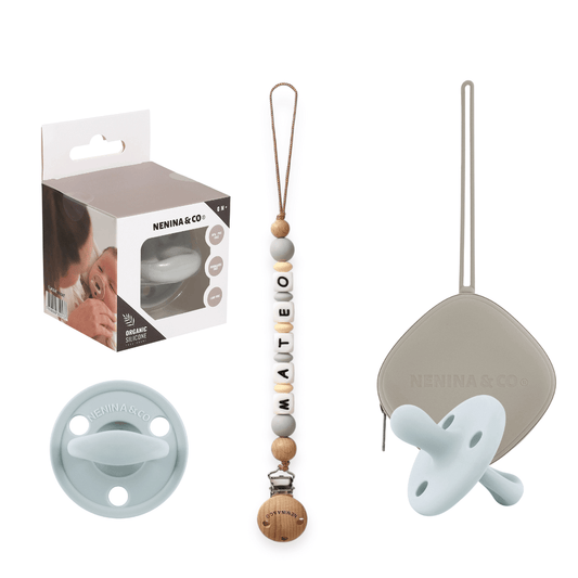 Kit Chupete Clásico Gris de Silicona + Chupetero con Nombre y Guardachupetes | Nenina & Co.
