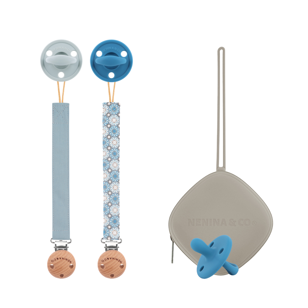 Kit Nenina & Co Gris + Azul| 2 Chupetes + 2 Chupeteros + Guardachupete